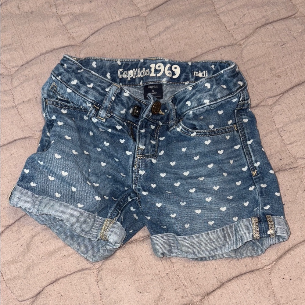 GAP Kids Blue Denim Shorts with White Heart Pattern